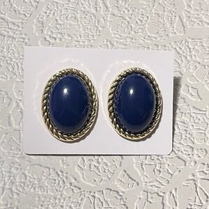 Vintage 80s Blue and Gold Tone Oval Statement Pierced Earrings